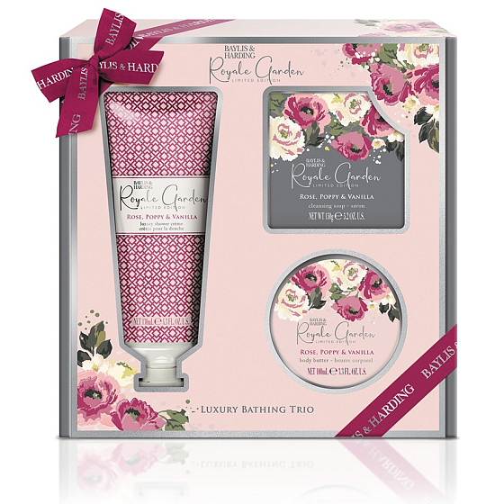 Baylis & Harding Rose, Poppy and Vanilla sprchový krém 130 ml + telové maslo 100 ml + toaletné mydlo 150 g, kozmetická sada pre ženy