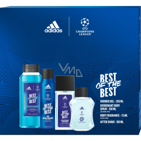 Adidas UEFA Champions League Best of The Best voda po holení 100 ml + parfumovaný dezodorant 75 ml + sprchový gél 250 ml + dezodorant v spreji 150 ml, kozmetická sada pre mužov