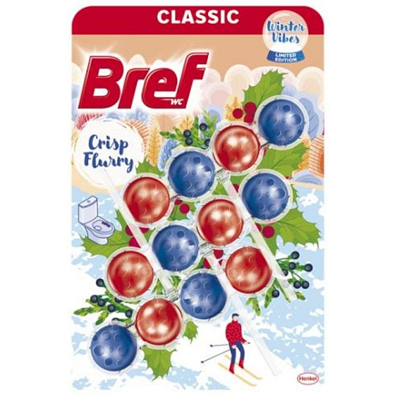 WC blok Bref Classic Crisp Flurry pre hygienickú čistotu a sviežosť vašej toalety, farbivá voda, limitovaná edícia Mega pack 3 x 50 g