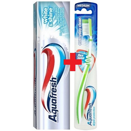 Aquafresh Whitening White & Shine zubná pasta s bieliacim účinkom 100 ml + Aquafresh Everyday Clean strednej zubná kefka 1 kus
