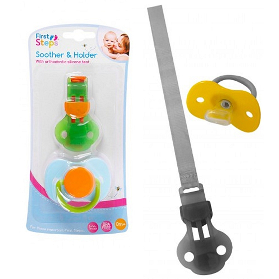 First Steps Bpa Free cumlík s ortodontickým silikónovým cumlíkom a upevňovacím prúžkom zeleno-oranžový 2 ks