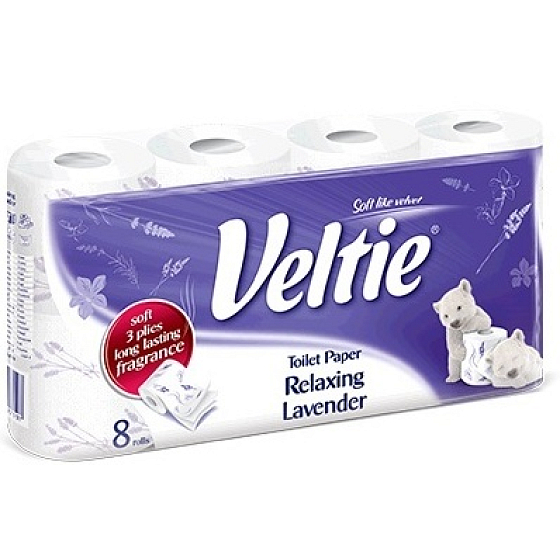 Veltie Relaxing Lavender parfumovaný s vôňou levandule 3 vrstvový 150 útržkov 8 kusov