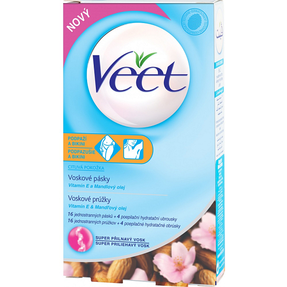 Veet Easy-Gel voskové pásiky pre citlivú pokožku - bikiny a podpazušie 16 kusov + Perfect Finish obrúsky pre záverečnú starostlivosť 3 kusy