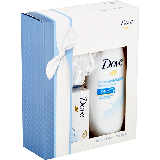 Dove Gentle Exfoliating sprchový gél 250 ml + toaletné mydlo 100 g + špongia, kozmetická sada