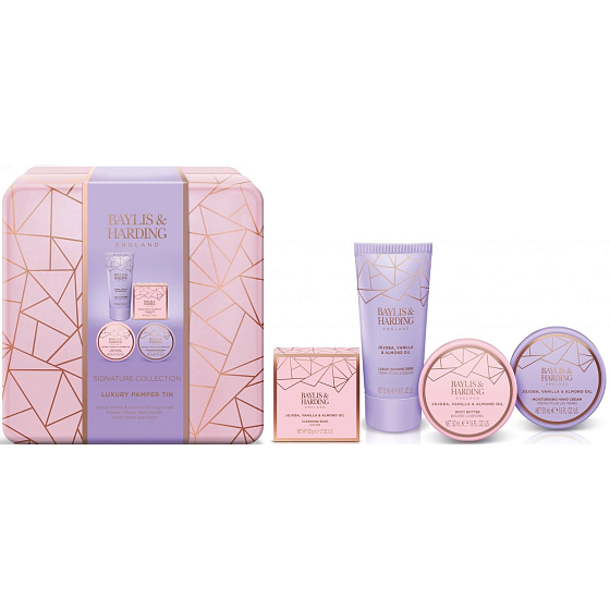 Baylis & Harding Jojobový, vanilkový a mandľový sprchový krém 50 ml + krém na ruky 50 ml + tuhé mydlo 50 g + telové maslo 50 ml + plechová škatuľka, kozmetická sada pre ženy
