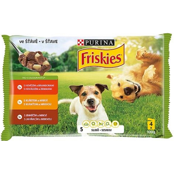 Purina Friskies hovädzie, kuracie, jahňacie s mrkvou v šťave kompletné krmivo pre psov kapsule 4 x 100 g