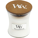 Woodwick White Teak - Biely teak vonná sviečka s dreveným knôtom a viečkom sklo malá 85 g