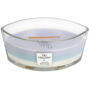 WoodWick Trilogy Calming Retreat - Upokojujúca a relaxačná vonná sviečka s dreveným širokým knôtom a viečkom sklo loď 453 g