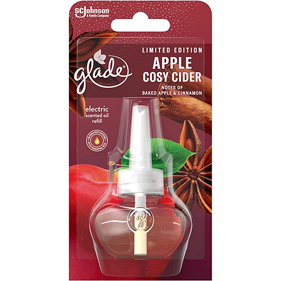 Glade Electric Scented Oil Apple Cosy Cider s vôňou horúceho jablčného cideru a voňavé škorica tekutá náplň do elektrického osviežovača vzduchu 20 ml