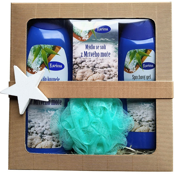 Karima Pena do kúpeľa so soľou z Mŕtveho mora 480 ml + sprchový gél so soľou z Mŕtveho mora 280 ml + toaletné mydlo so soľou z Mŕtveho mora 100 g + masážna žinka, kozmetická súprava