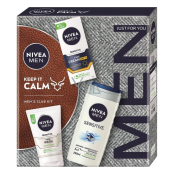Nivea Men Keep it Calm Sensitive SPF15 pleťový krém 75 ml + Nivea Men Sensitive čistiaci gél 100 ml + Nivea Men Sensitive Bamboo Extract sprchový gél 250 ml, kozmetická sada pre mužov