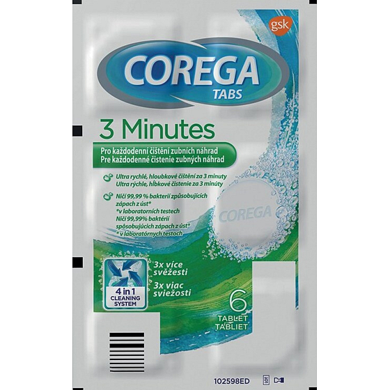 Corega Tabs Antibakteriálne 3min čistiace tablety na zubné náhrady 6 kusov