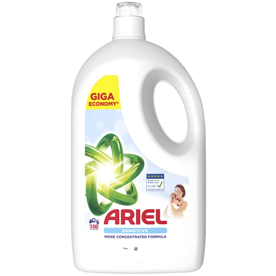 „Ariel Sensitive tekutý prací gel 4,5 l – 100 dávek, šetrný prací prostředek pro citlivou pokožku v bílé lahvi