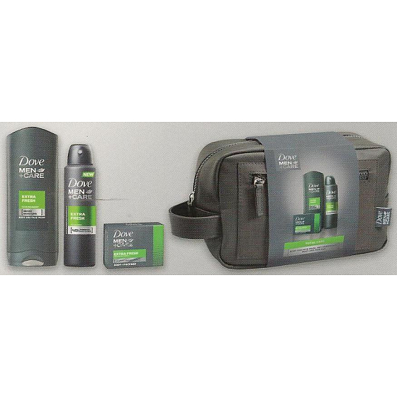 Dove Men + Care FM Extra Fresh sprchový gel 250 ml + dezodorant sprej pre mužov 150 ml + krémová tableta 90 g + toaletná taška, kozmetická sada