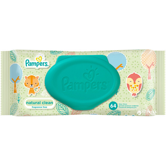 Pampers Natural Clean s harmančekom vlhčené obrúsky pre veľmi citlivú pokožku pre deti 64 kusov, neparfumované