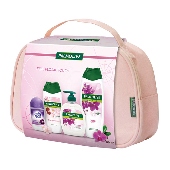 Palmolive Natural Milk & Orchid sprchový gél 250 ml + tekuté mydlo 300 ml + Cherry Blossom sprchový gél 250 ml + Lady Speed Stick Fresh & Essence Luxurious Freshness antiperspirant roll-on 50 ml + etue, kozmetická sada