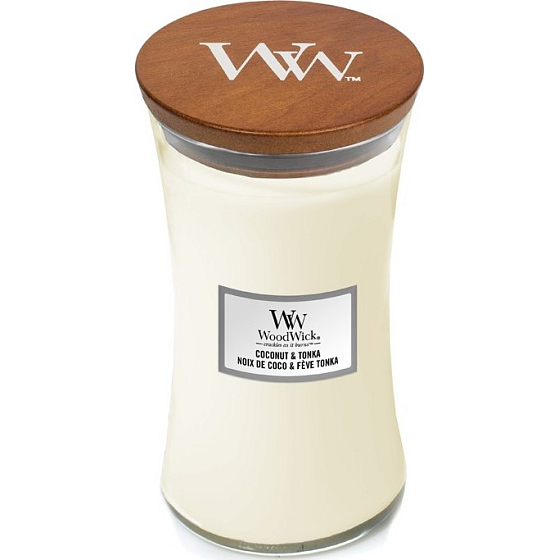 Woodwick Coconut & Tonka - Kokos a tonka boby vonná sviečka s dreveným knôtom a viečkom sklo veľká 609 g