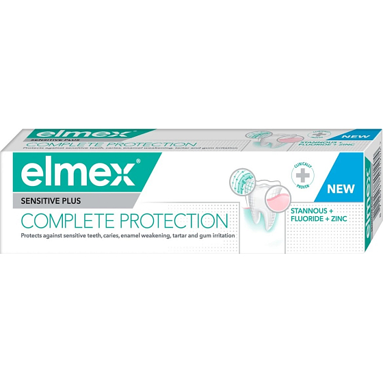 Zubná pasta Elmex Sensitive Plus Complete Protection účinne ošetruje ústa a citlivé zuby 75 ml