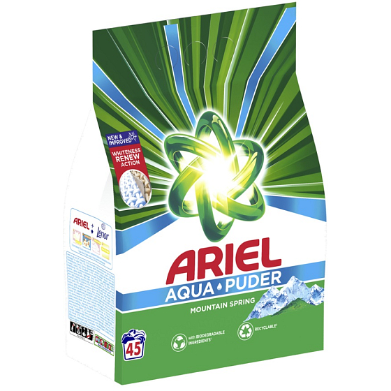 Prací prášok Ariel Aquapuder Mountain Spring pre čistú a voňavú bielizeň bez škvŕn 45 dávok 2,925 kg