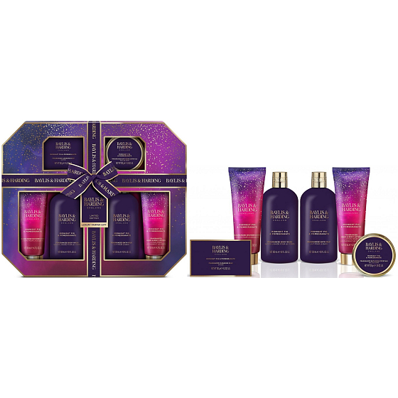 Baylis & Harding Fig and Pomegranate shower gel 300 ml + bath milk 300 ml + solid soap 150 g + shower cream 130 ml + body lotion 130 ml + bath crystals 100 g, kozmetická sada pre ženy