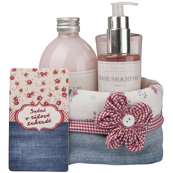 Bohemia Gifts Rosarium s extraktmi z šípok a kvetov ruže sprchový gél 250 ml + šampón 200 ml + pena do kúpeľa 500 ml + látkový košík, Ružové snívanie kozmetická sada