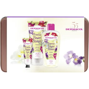 Dermacol Freesia Flower Shower sprchový olej 200 ml + sprchový krém 200 ml + krém na ruky 30 ml + plechová krabička, kozmetická sada