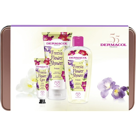 Dermacol Freesia Flower Shower sprchový olej 200 ml + sprchový krém 200 ml + krém na ruky 30 ml + plechová krabička, kozmetická sada