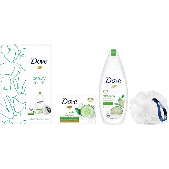 Dove Beauty For All Fresh Osviežujúci sprchový gél 250 ml + toaletné mydlo Go Fresh 100 g + umývacia hubka, kozmetická sada pre ženy