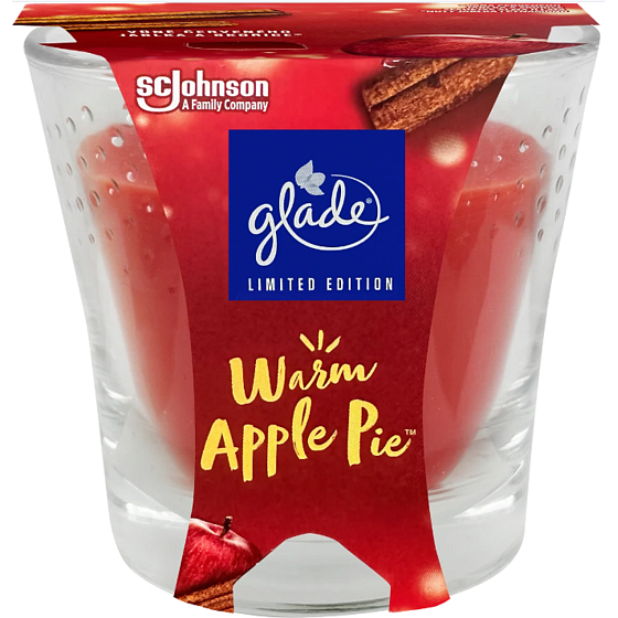 Sviečka Glade Warm Apple Pie s vôňou červeného jablka a škorice v skle, doba horenia až 38 hodín 129 g