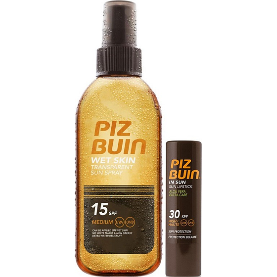Piz Buin Wet Skin SPF15 transparentný sprej na opaľovanie 150 ml + SPF30 balzam na pery 4,9 g, duopack