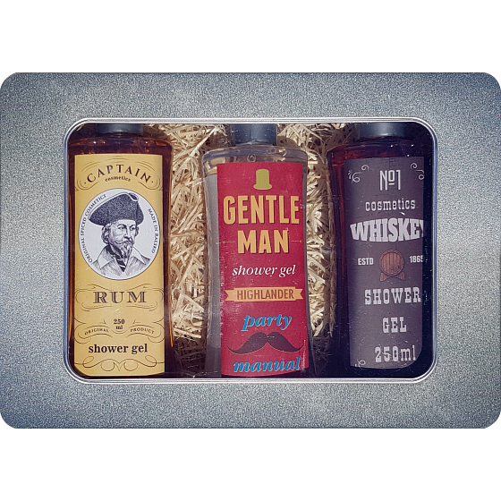 Bohemia Gifts Gentleman sprchový gél pre mužov 250 ml + Whiskey sprchový gél pre mužov 250 ml + Rum sprchový gél pre mužov 250 ml, plechový box kozmetická sada