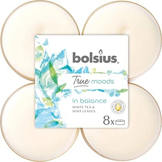 Bolsius True Moods In Balance White Tea & Mint Leaves - Biely čaj a listy mäty maxi vonné čajové sviečky 8 kusov, doba horenia 8 hodín