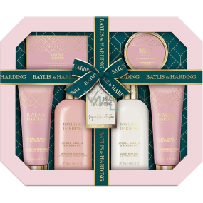Baylis & Harding Jojoba, Vanilka & Mandľový olej umývací gél 300 ml + mlieko do kúpeľa 300 ml + toaletné mydlo 150 g + sprchový krém 130 ml + telové mlieko 130 ml + soľ do kúpeľa 100 g, kozmetická sada pre ženy