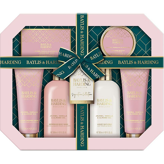 Baylis & Harding Jojoba, Vanilka & Mandľový olej umývací gél 300 ml + mlieko do kúpeľa 300 ml + toaletné mydlo 150 g + sprchový krém 130 ml + telové mlieko 130 ml + soľ do kúpeľa 100 g, kozmetická sada pre ženy