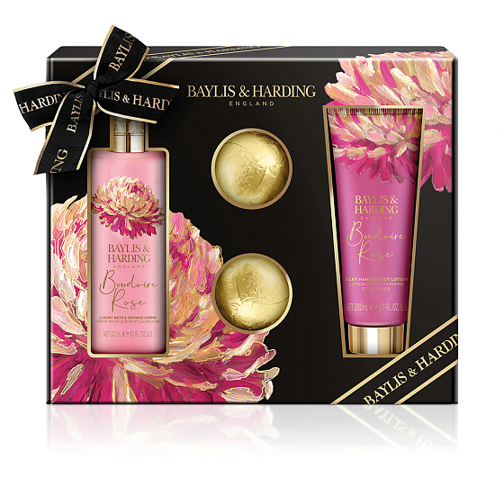 Baylis & Harding Mysterious Rose krém do kúpeľa a sprchy 300 ml + mlieko na ruky a telo 200 ml + šumivá guľa do kúpeľa 2 x 75 g, kozmetická sada pre ženy