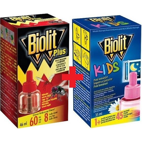 Biolit Plus Odparovač tekutá náhradná náplň 60 nocí proti muchám a komárom 46 ml + Biolit Kids Elektrický odparovač proti komárom 45 nocí náhradná náplň 35 ml