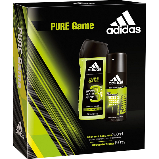 Adidas Pure Game dezodorant sprej pre mužov 150 ml + 3v1 sprchový gél na telo, tvár a vlasy 250 ml, kozmetická sada