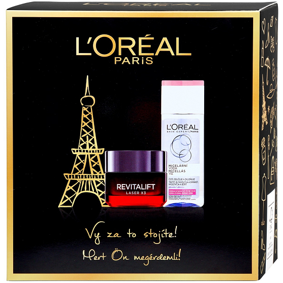 Loreal Paris Revitalift Laser X3 denný krém proti starnutiu pleti 50 ml + micelárna voda pre normálnu až suchú, citlivú pleť 200 ml, kozmetická sada