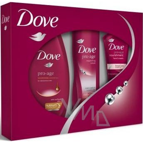 Dove Pro Age sprchový gél 250 ml + telové mlieko 250 ml + krém na ruky 75 ml, kozmetická sada