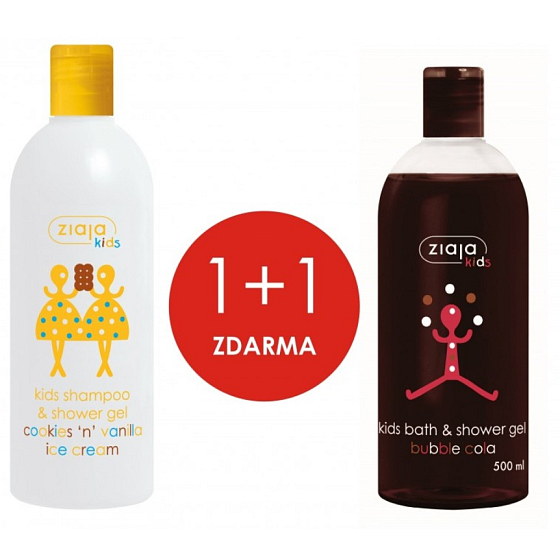 Ziaja Kids 2v1 Sušienkové-vanilková zmrzlina šampón a sprchový gél 400 ml + Bublinková Cola sprchový gél pre deti 500 ml, duopack