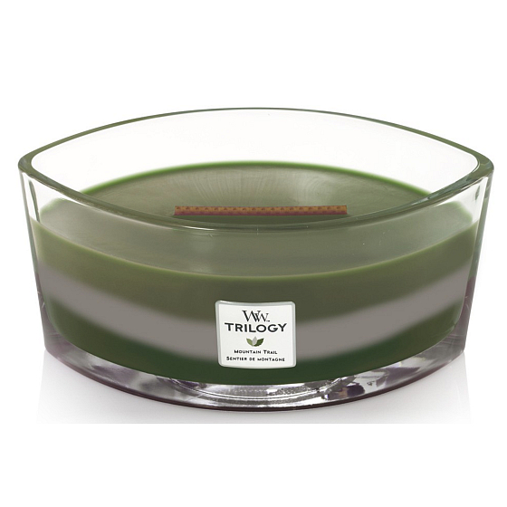 Woodwick Trilogy Mountain Trail - Horská chodník vonná sviečka s dreveným širokým knôtom a viečkom loď 453 g