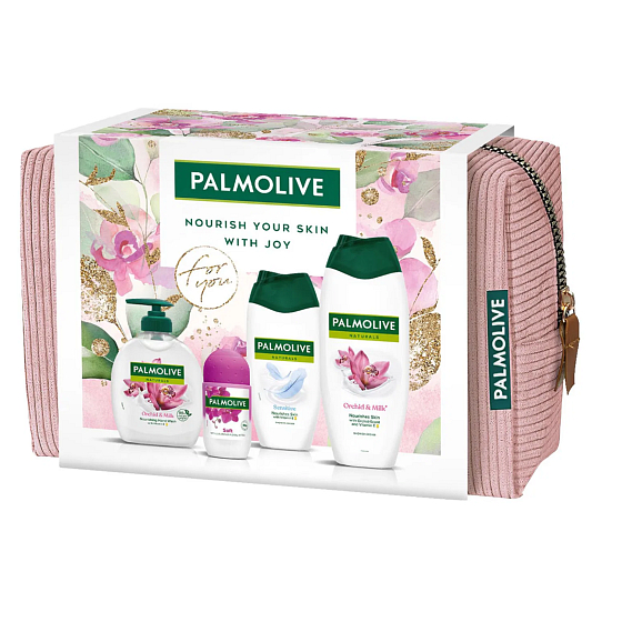 Palmolive Natural Orchid & Milk sprchový gél 500 ml + Natural Sensitive sprchový gél 250 ml + Luxurious Softness antiperspirant roll-on 50 ml + Natural Orchid & Milk tekuté mydlo 300 ml + kozmetická etue, kozmetická sada pre ženy