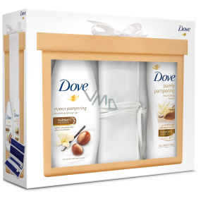 Dove Purely Pampering Bambucké maslo a vanilka vyživujúce sprchový gél 250 ml + Purely Pampering telové mlieko s bambuckým maslom a jemnou vôňou vanilky 250 ml + púzdro na šperky, kozmetická sada
