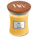 Woodwick Oat Flower - Ovesný kvet vonná sviečka s dreveným knôtom a viečkom sklo stredná 275 g