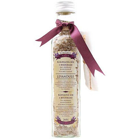 Bohemia Gifts lavendule s extraktom z bylín kúpeľová upokojujúce soľ s filtračným vreckom 260 g sklenený obal