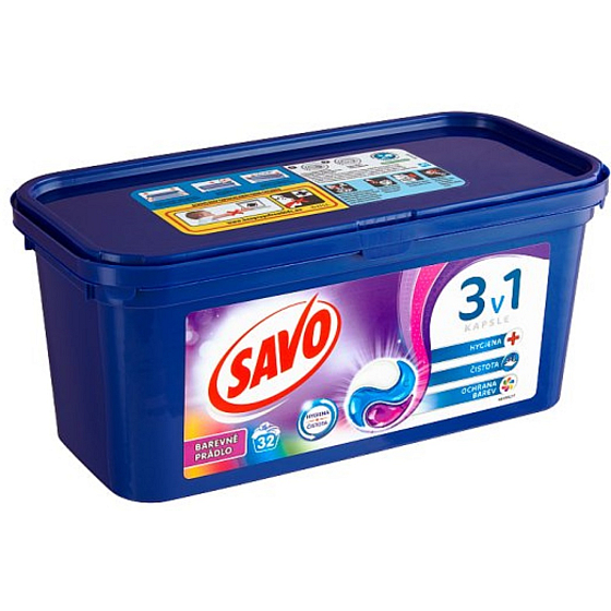 Savo Bez chlóru Color 3v1 gélové kapsuly na pranie farebnej bielizne 32 kusov 864 g