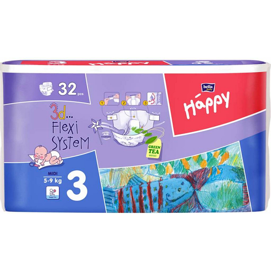 Bella Happy 3 Midi 5-9 kg plienkové nohavičky 32 kusov