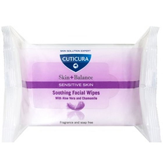 Cuticura Skin + Balance Aloe Vera a Harmanček čistiace pleťové obrúsky pre citlivú pleť 25 kusov