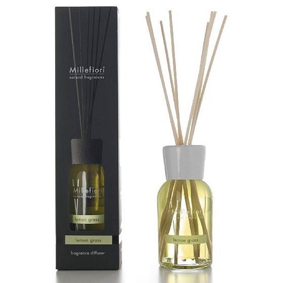 Millefiori Milano Natural Lemon Grass - Citrónová tráva Difuzér 500 ml + 12 stebiel v dĺžke 35 cm do veľkých priestorov vydrží 6-7 mesiacov