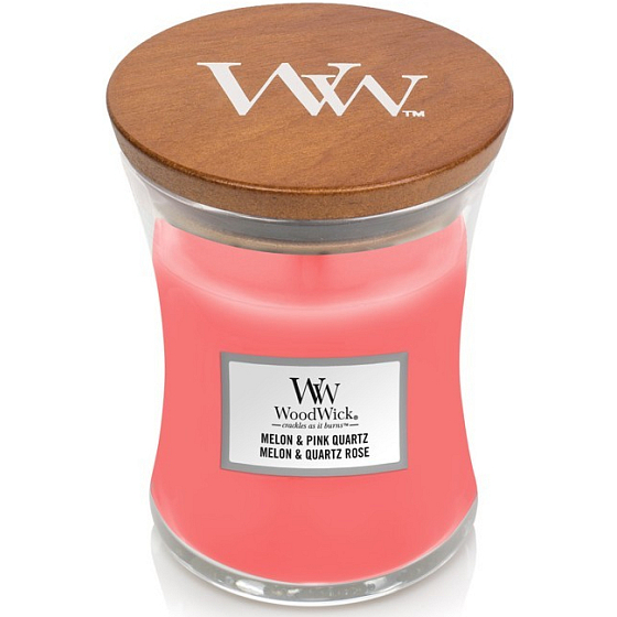 WoodWick Melon & Pink Quartz - Melón a ružový kremeň vonná sviečka s dreveným knôtom a viečkom sklo stredné 275 g